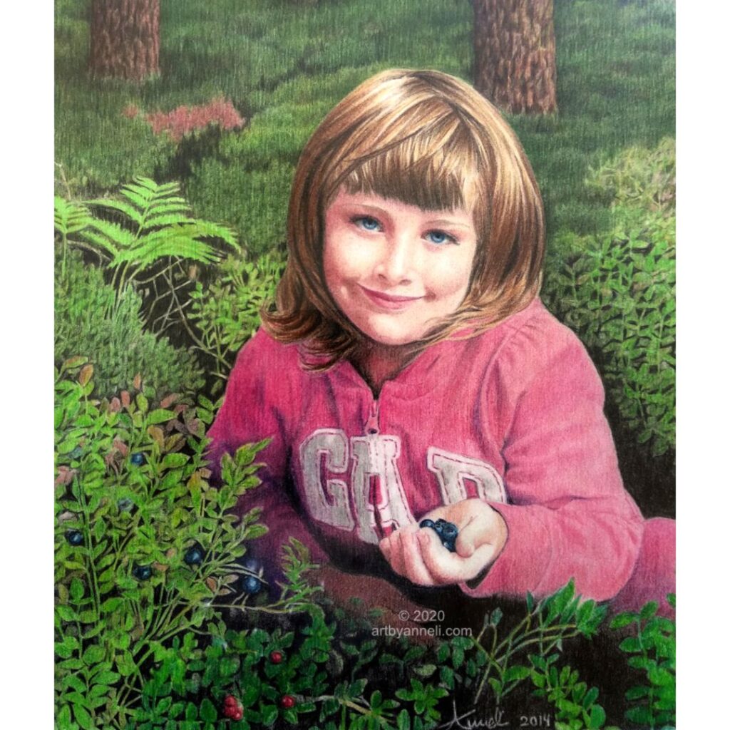 Drawing of young girl picking blueberries by Anneli Johansson