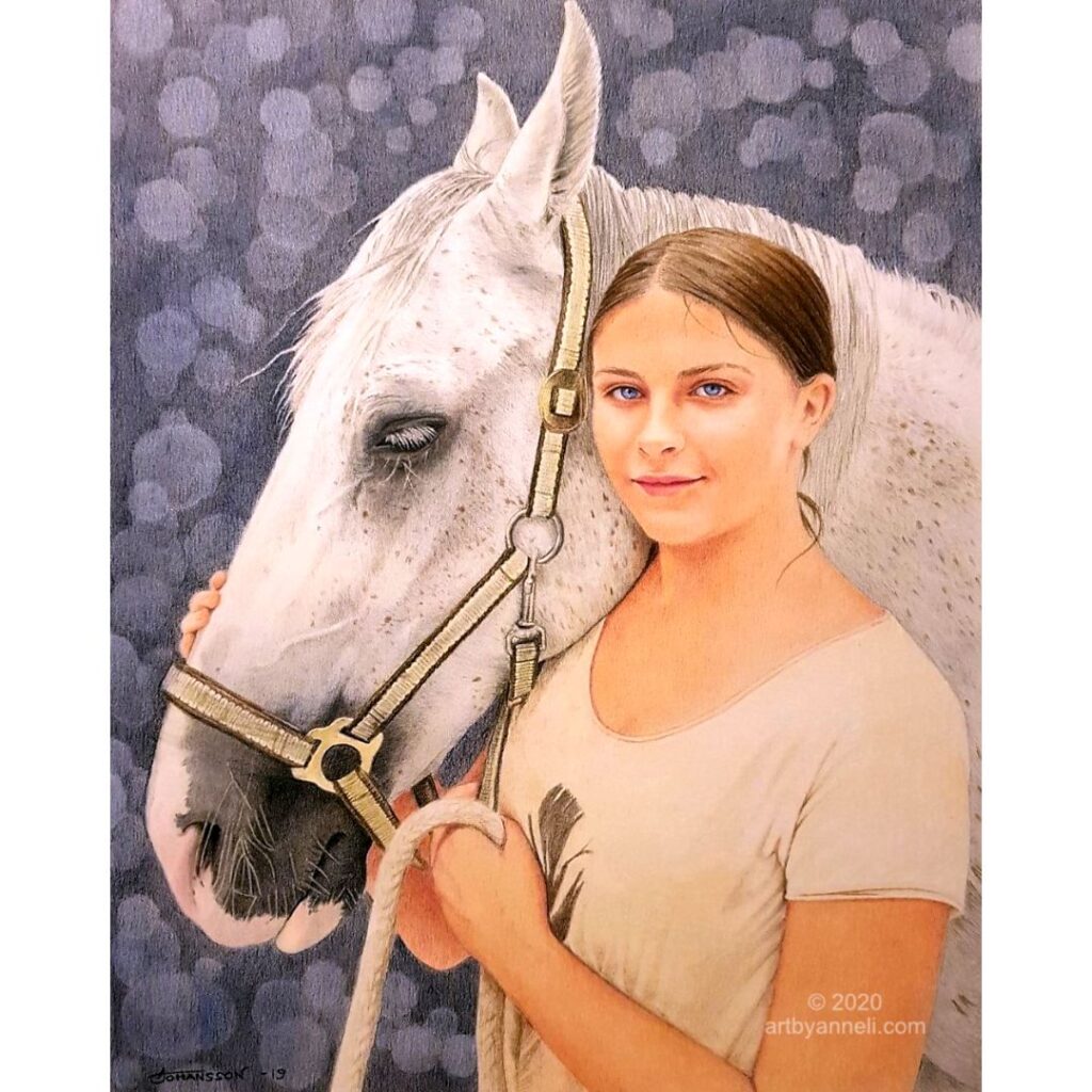 Drawing of a young girl with white horse