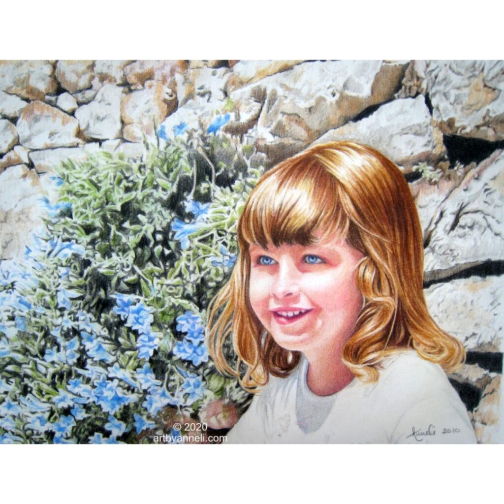 Drawing of a Young girl posing at rock wall by Anneli Johansson