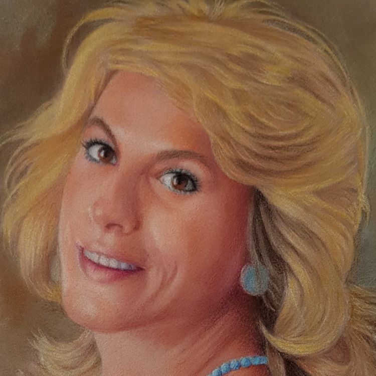 A drawing of a woman with blue earing