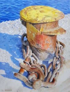 Mediterranean blues, drawing of a bollard